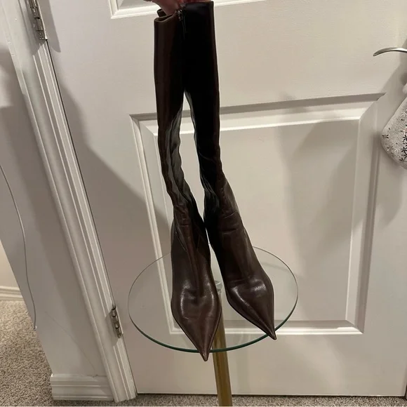 Icône Knee High Pointed Stiletto Boots in Deep Brown Leather